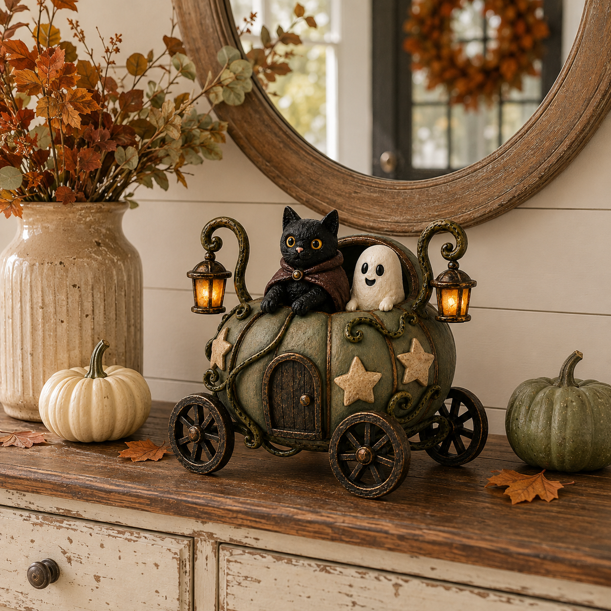 🎃👻🐈‍⬛ Lighted Whimsical Pumpkin Carriage with Cat & Ghost