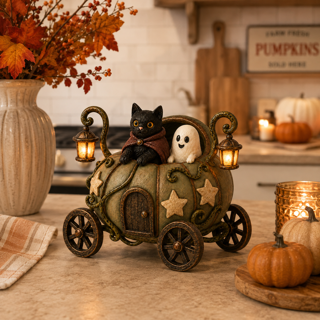 🎃👻🐈‍⬛ Lighted Whimsical Pumpkin Carriage with Cat & Ghost