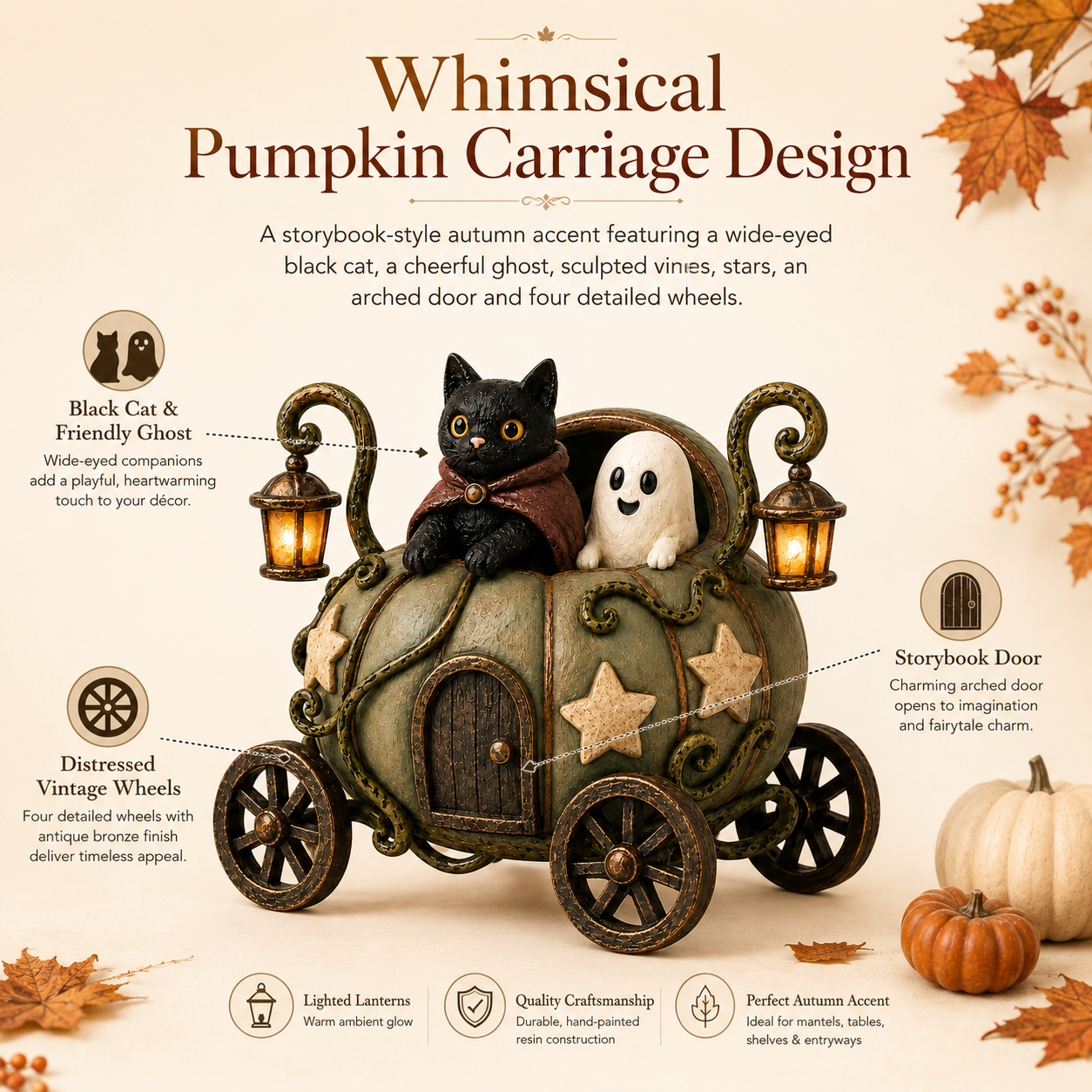 🎃👻🐈‍⬛ Lighted Whimsical Pumpkin Carriage with Cat & Ghost