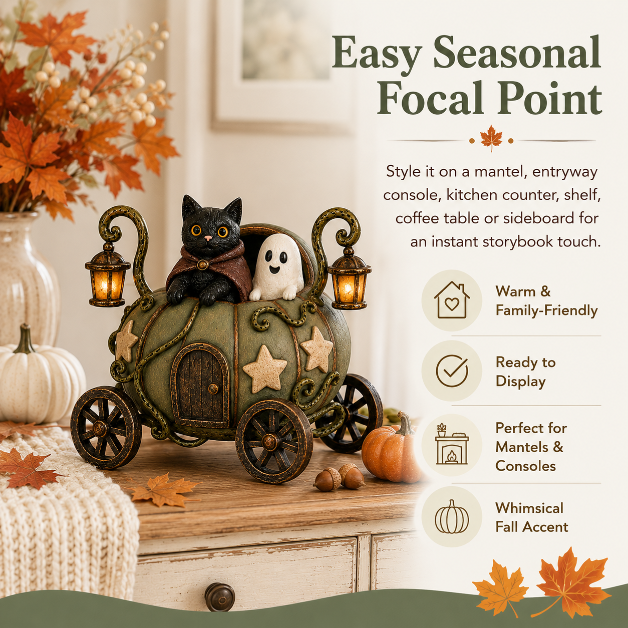 🎃👻🐈‍⬛ Lighted Whimsical Pumpkin Carriage with Cat & Ghost