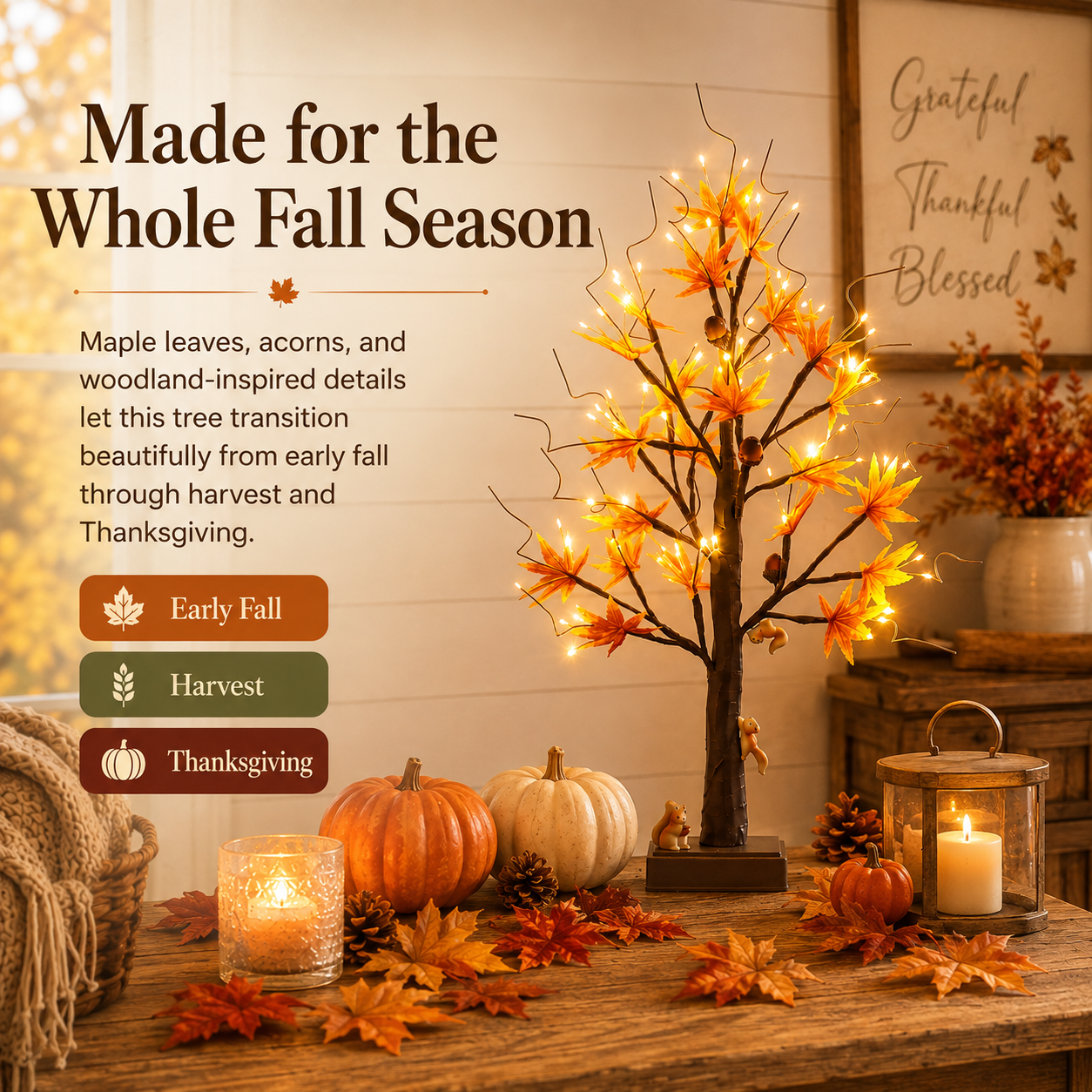 🐿️🍂 Lighted Maple Tree with Woodland Squirrels – Fall & Thanksgiving Home Decor