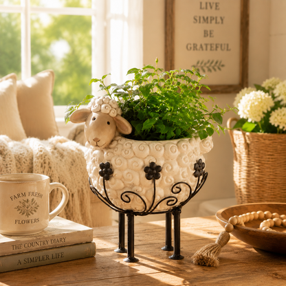 🐑✨Cute Farmhouse Sheep Planter with Iron Stand