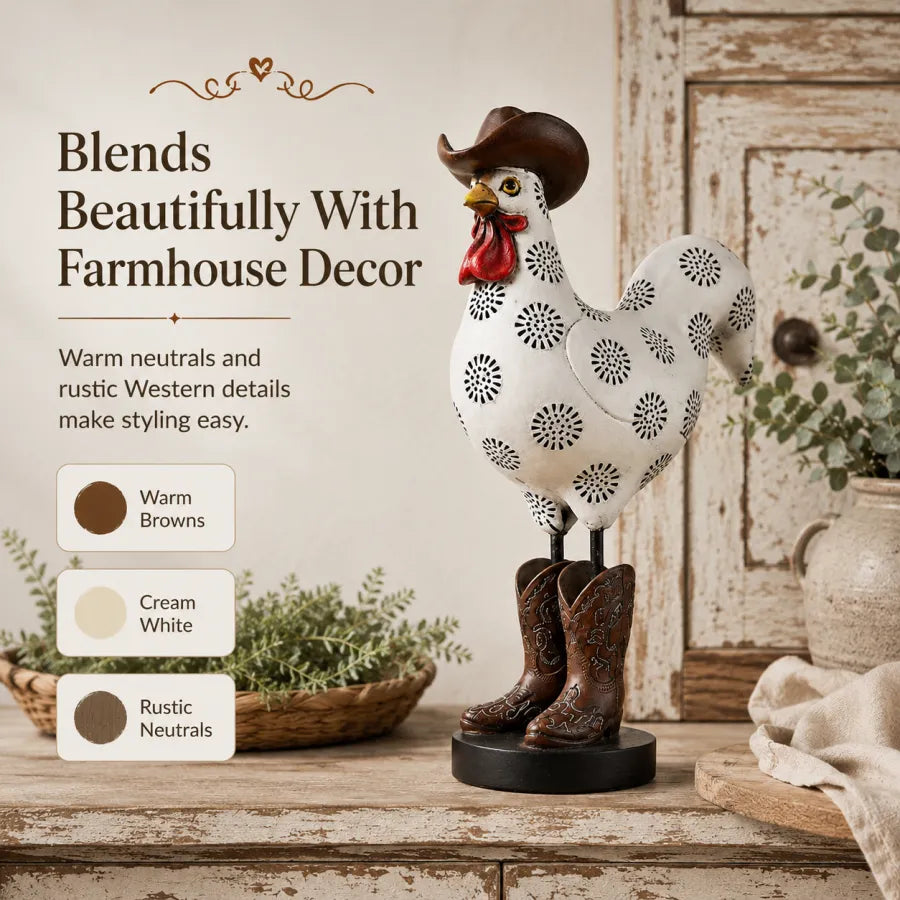 Western rooster figurine styled with farmhouse decor