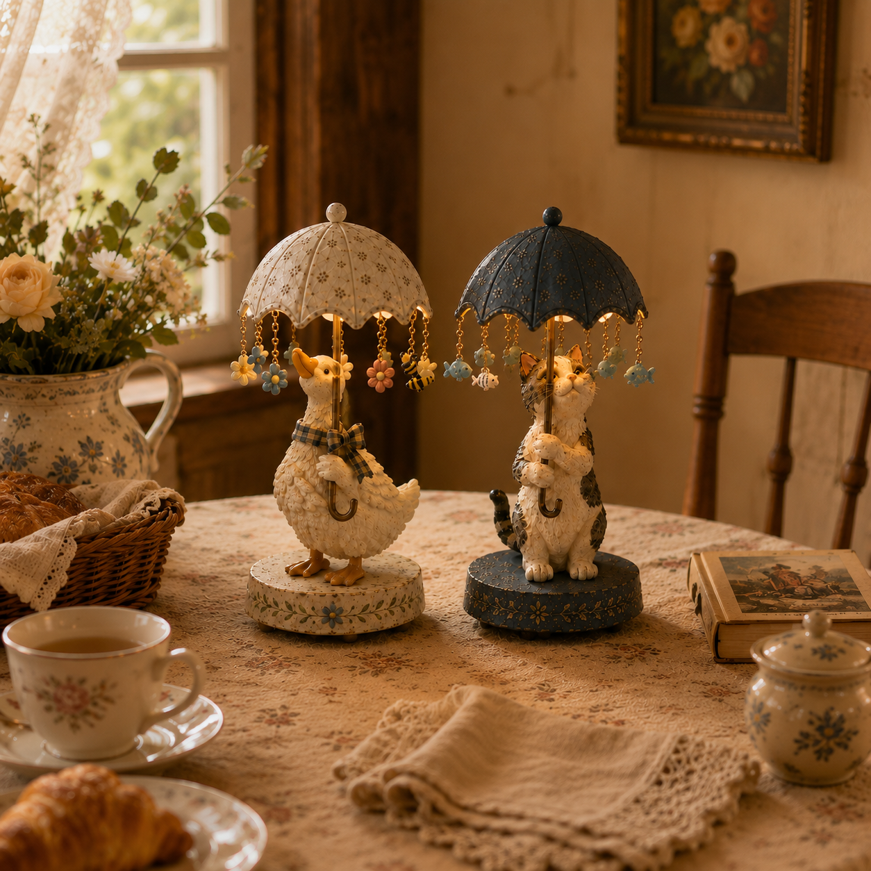 ☂️🐾 Vintage Rotating Umbrella Animal Lamp