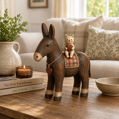 Rustic Donkey and Cat Friendship Figurine