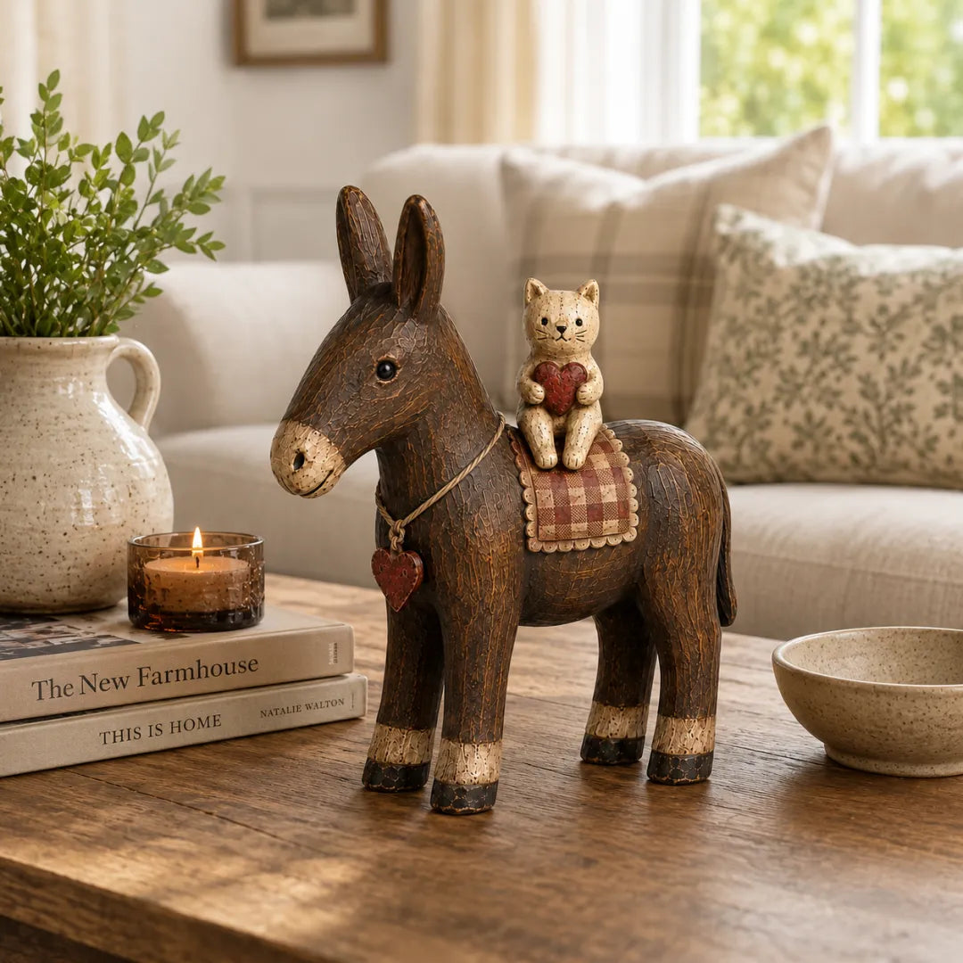 Rustic Donkey and Cat Friendship Figurine