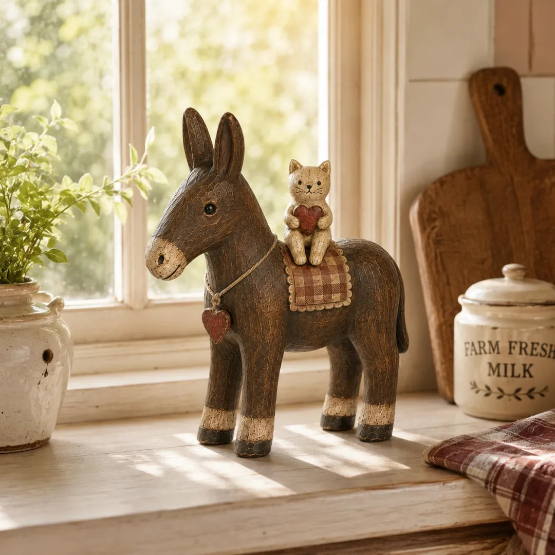 Rustic Donkey and Cat Friendship Figurine