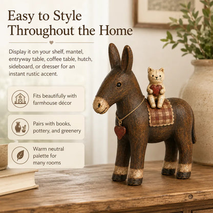 Rustic Donkey and Cat Friendship Figurine
