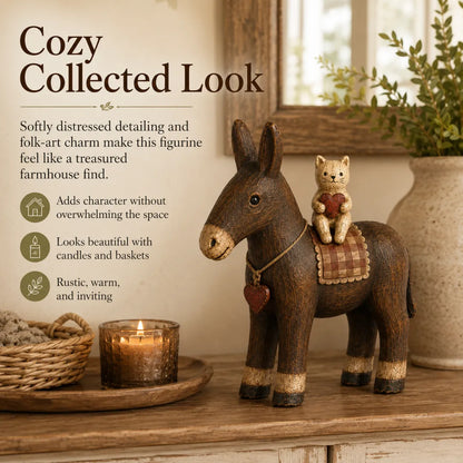 Rustic Donkey and Cat Friendship Figurine