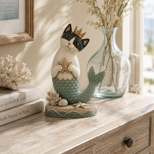 Whimsical Crowned Mermaid Cat Figurine