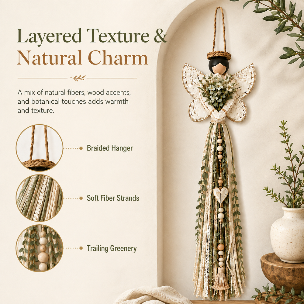 Soft botanical details of the angel wall hanging