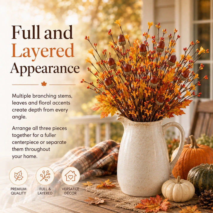 3-Piece Artificial Fall Acorn Floral Stem Set – 16.5-Inch Rustic Autumn Picks