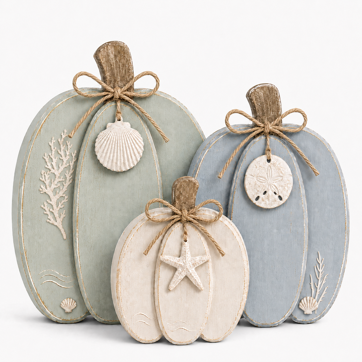 🌊🎃 Coastal Wooden Pumpkin Tabletop Decor – Set of 3 with Sea-Inspired Details