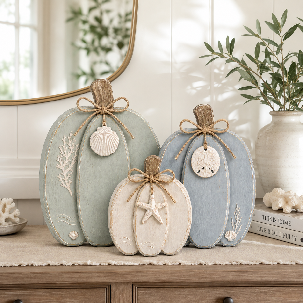 🌊🎃 Coastal Wooden Pumpkin Tabletop Decor – Set of 3 with Sea-Inspired Details