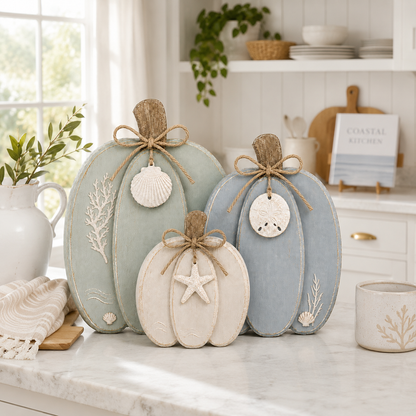 🌊🎃 Coastal Wooden Pumpkin Tabletop Decor – Set of 3 with Sea-Inspired Details