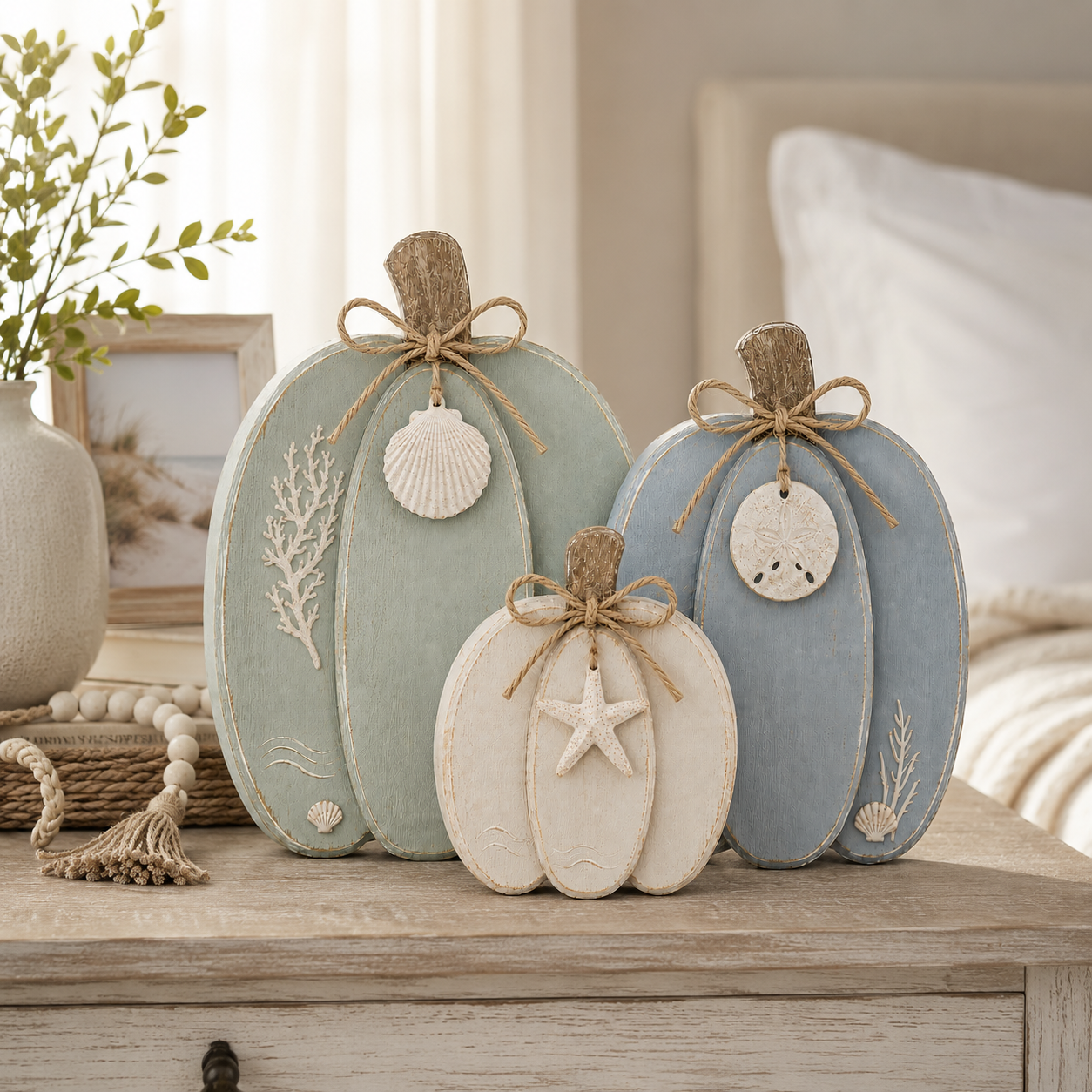 🌊🎃 Coastal Wooden Pumpkin Tabletop Decor – Set of 3 with Sea-Inspired Details