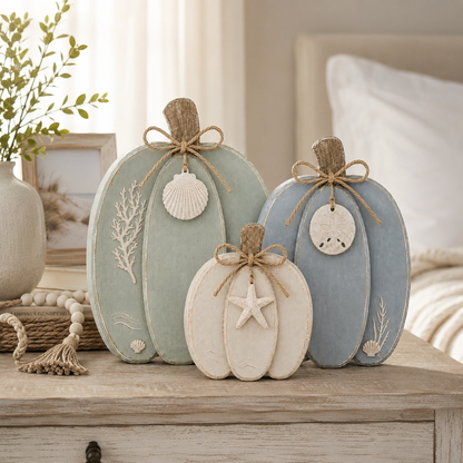 🌊🎃 Coastal Wooden Pumpkin Tabletop Decor – Set of 3 with Sea-Inspired Details