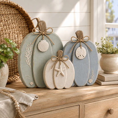 🌊🎃 Coastal Wooden Pumpkin Tabletop Decor – Set of 3 with Sea-Inspired Details