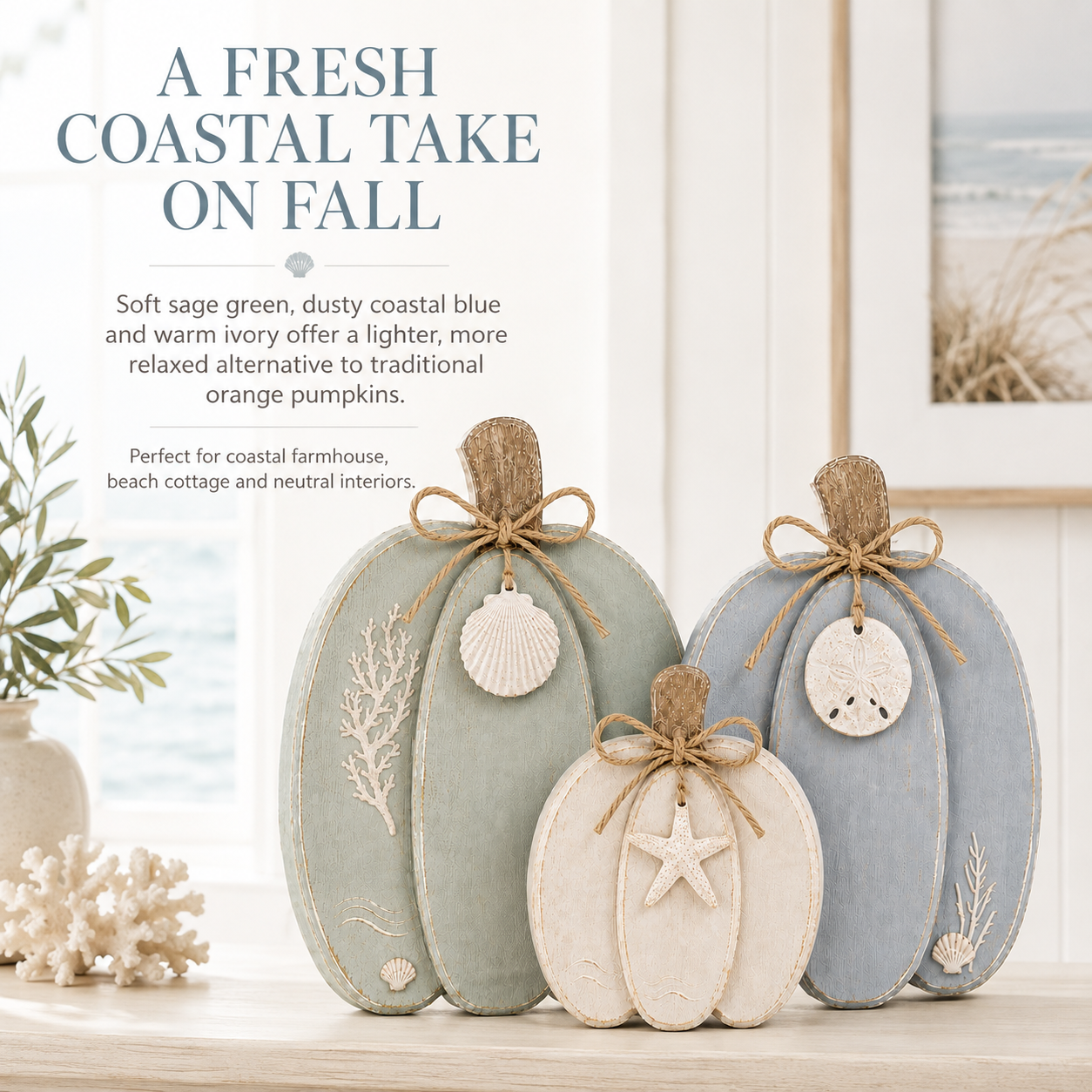 🌊🎃 Coastal Wooden Pumpkin Tabletop Decor – Set of 3 with Sea-Inspired Details