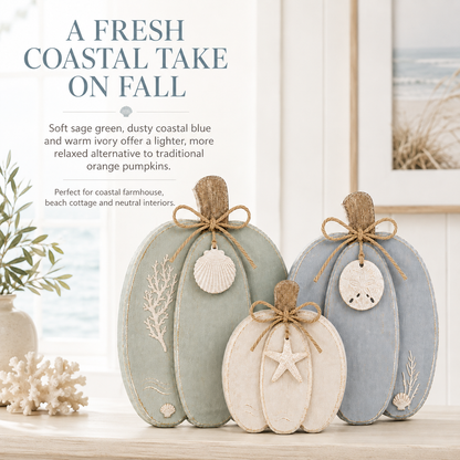 🌊🎃 Coastal Wooden Pumpkin Tabletop Decor – Set of 3 with Sea-Inspired Details