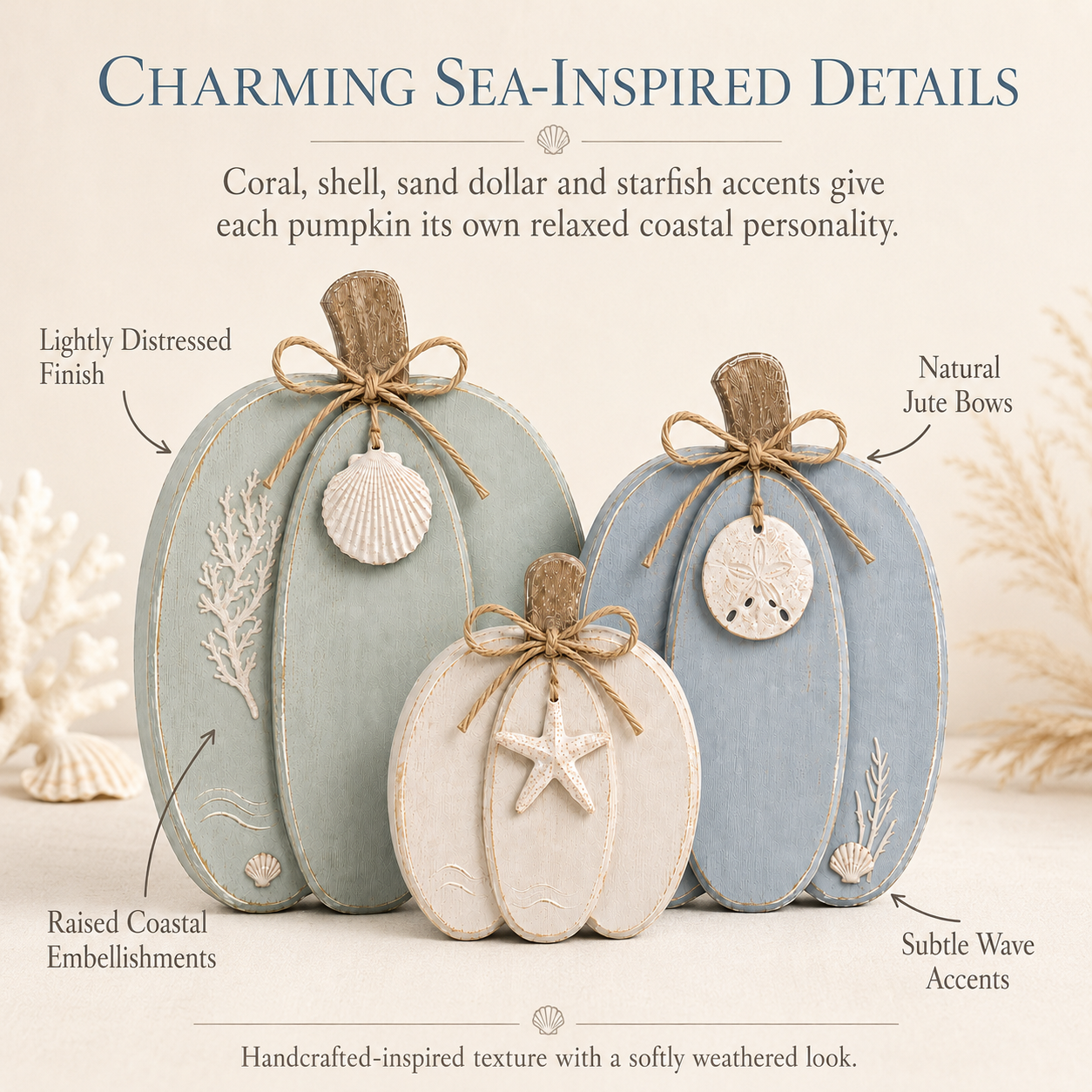 🌊🎃 Coastal Wooden Pumpkin Tabletop Decor – Set of 3 with Sea-Inspired Details