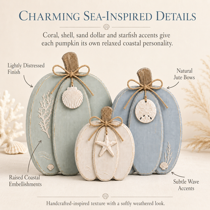 🌊🎃 Coastal Wooden Pumpkin Tabletop Decor – Set of 3 with Sea-Inspired Details
