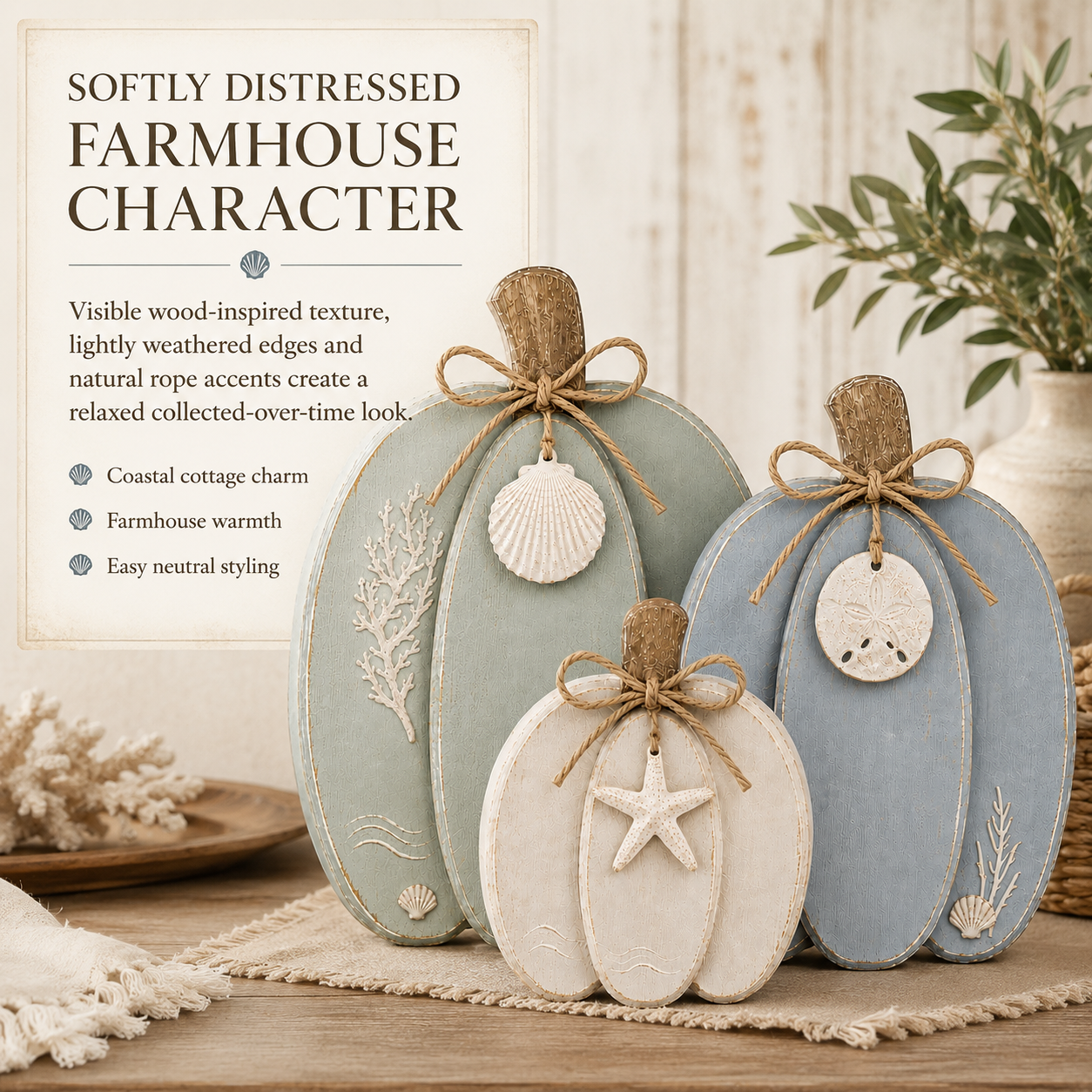 🌊🎃 Coastal Wooden Pumpkin Tabletop Decor – Set of 3 with Sea-Inspired Details