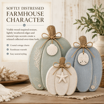 🌊🎃 Coastal Wooden Pumpkin Tabletop Decor – Set of 3 with Sea-Inspired Details