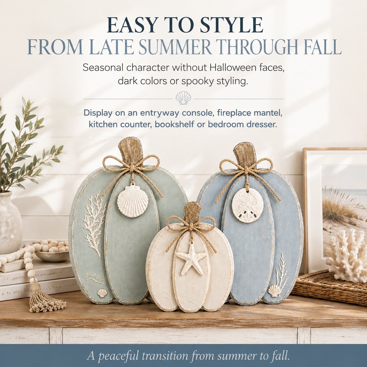🌊🎃 Coastal Wooden Pumpkin Tabletop Decor – Set of 3 with Sea-Inspired Details