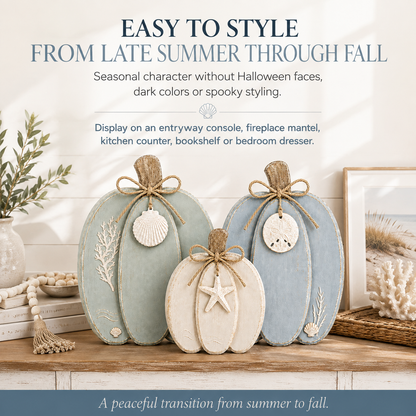 🌊🎃 Coastal Wooden Pumpkin Tabletop Decor – Set of 3 with Sea-Inspired Details