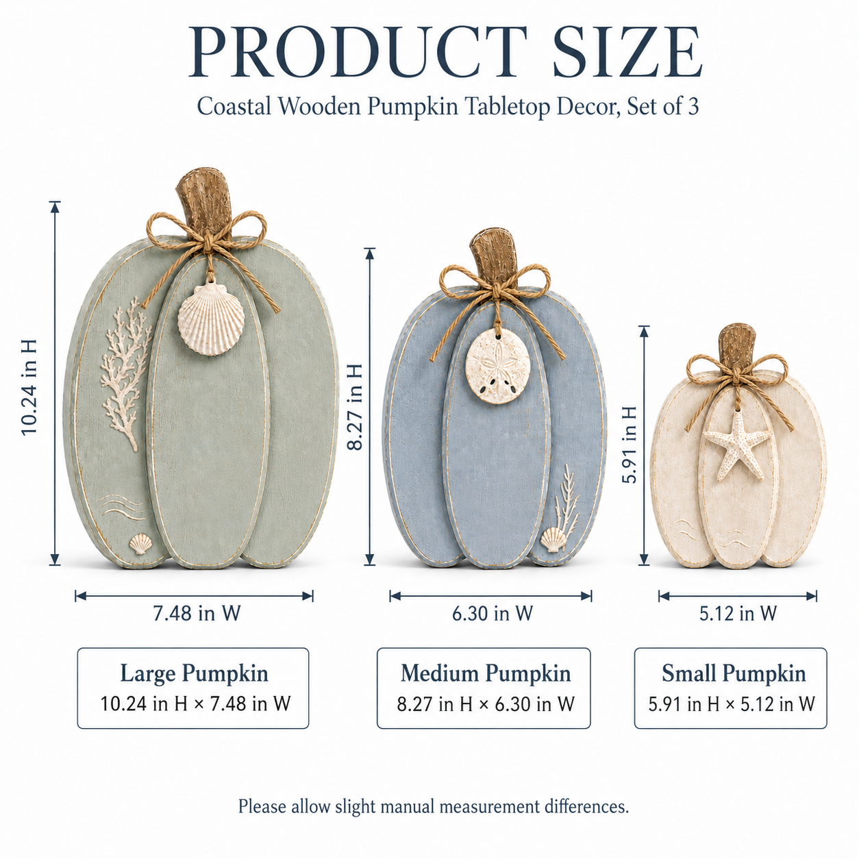 🌊🎃 Coastal Wooden Pumpkin Tabletop Decor – Set of 3 with Sea-Inspired Details