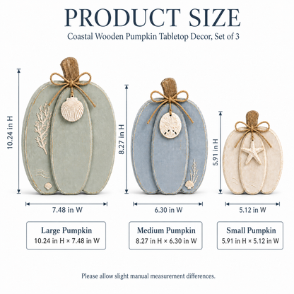 🌊🎃 Coastal Wooden Pumpkin Tabletop Decor – Set of 3 with Sea-Inspired Details