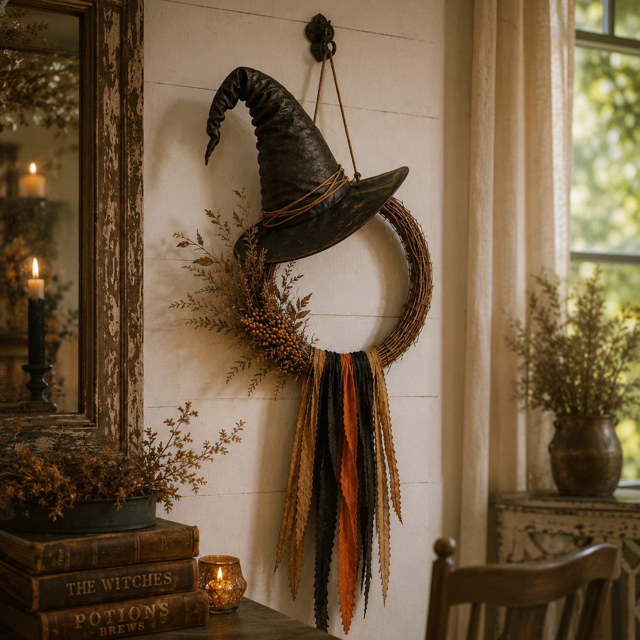 Vintage Witch Hat Woven Wreath