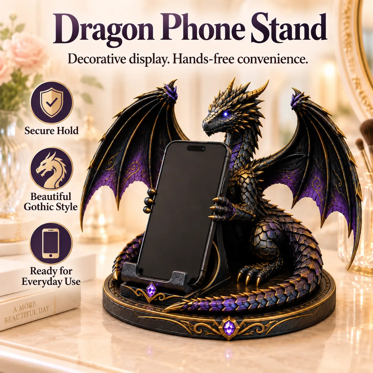 Complete dragon phone holder showing the wings, sculpted texture and decorated base
