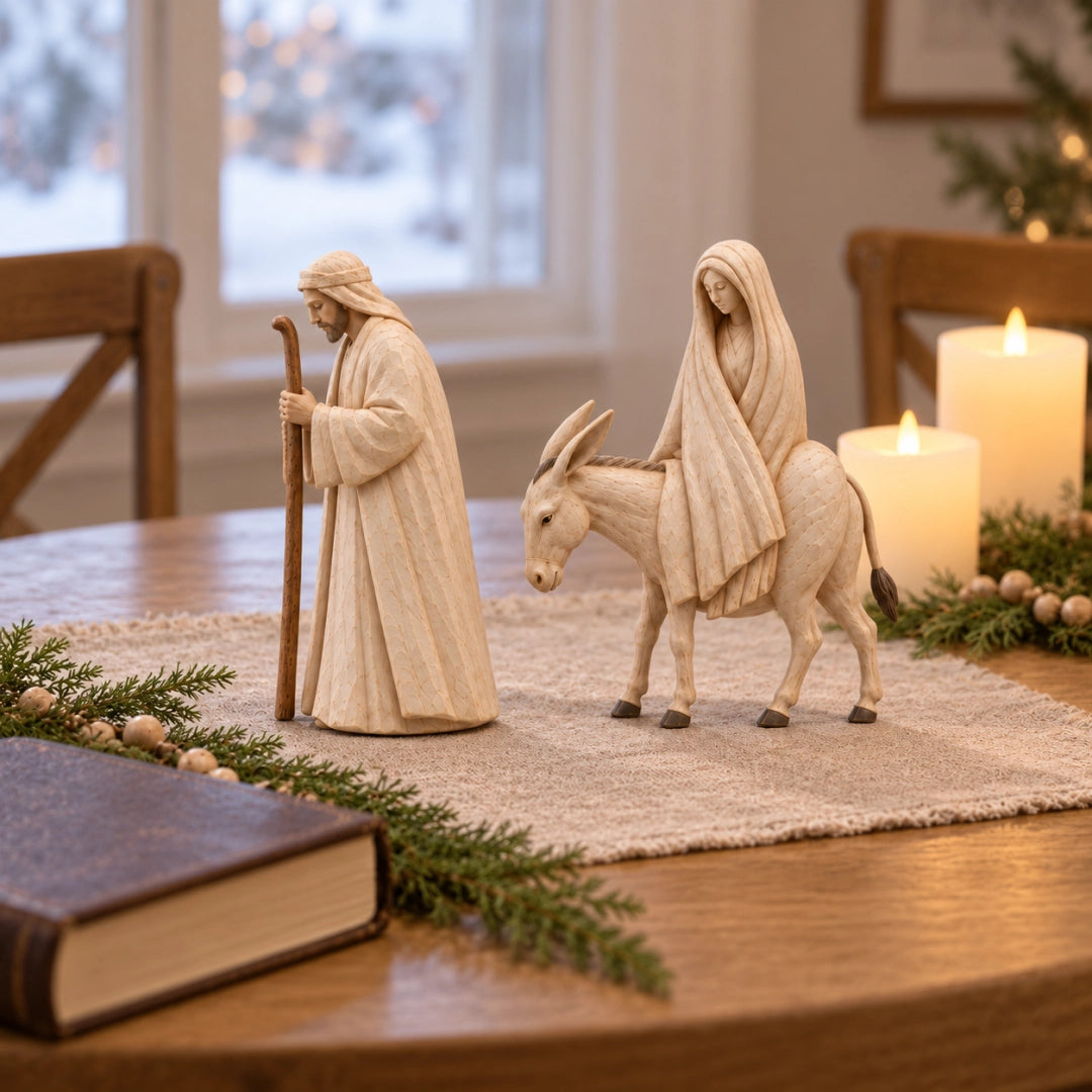 Nativity figurines on Christmas table