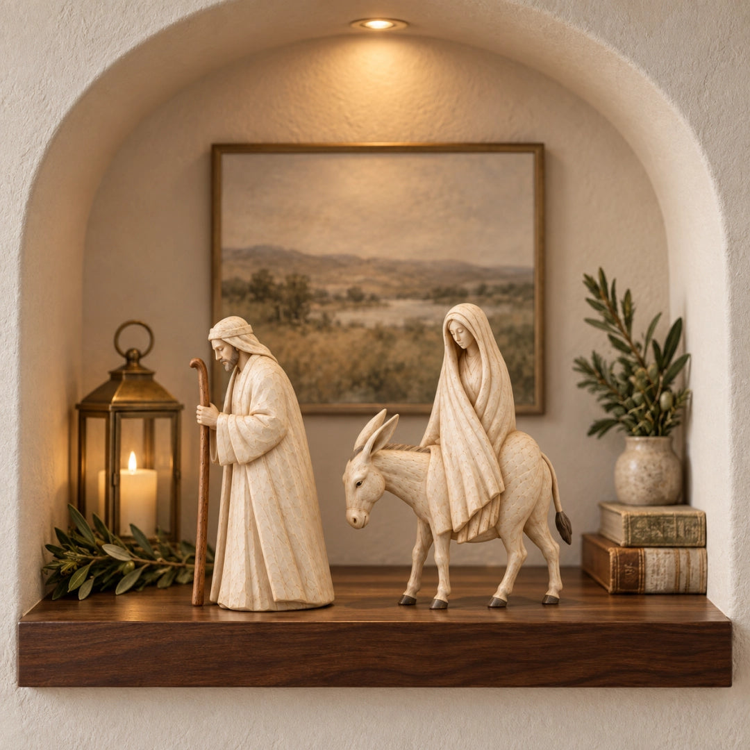 Nativity figurines on wall shelf