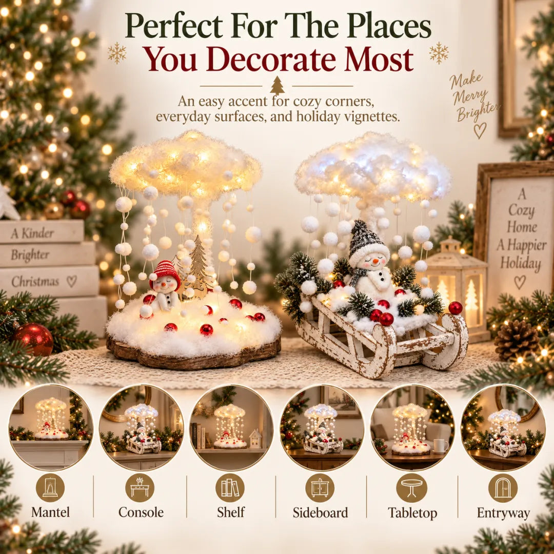Lighted Snowfall Cloud Snowman Scene