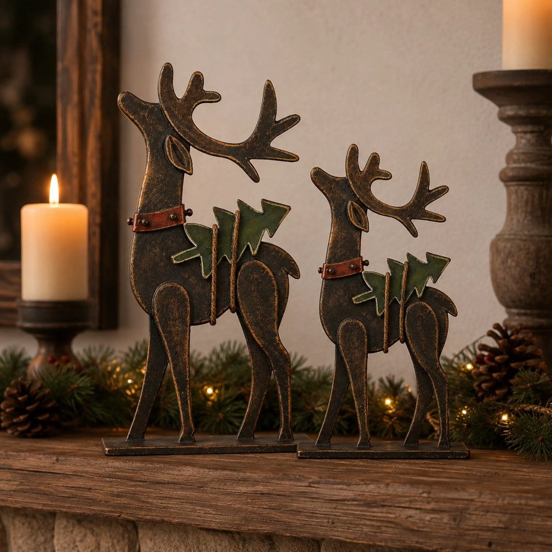 Large and small rustic metal reindeer displayed together