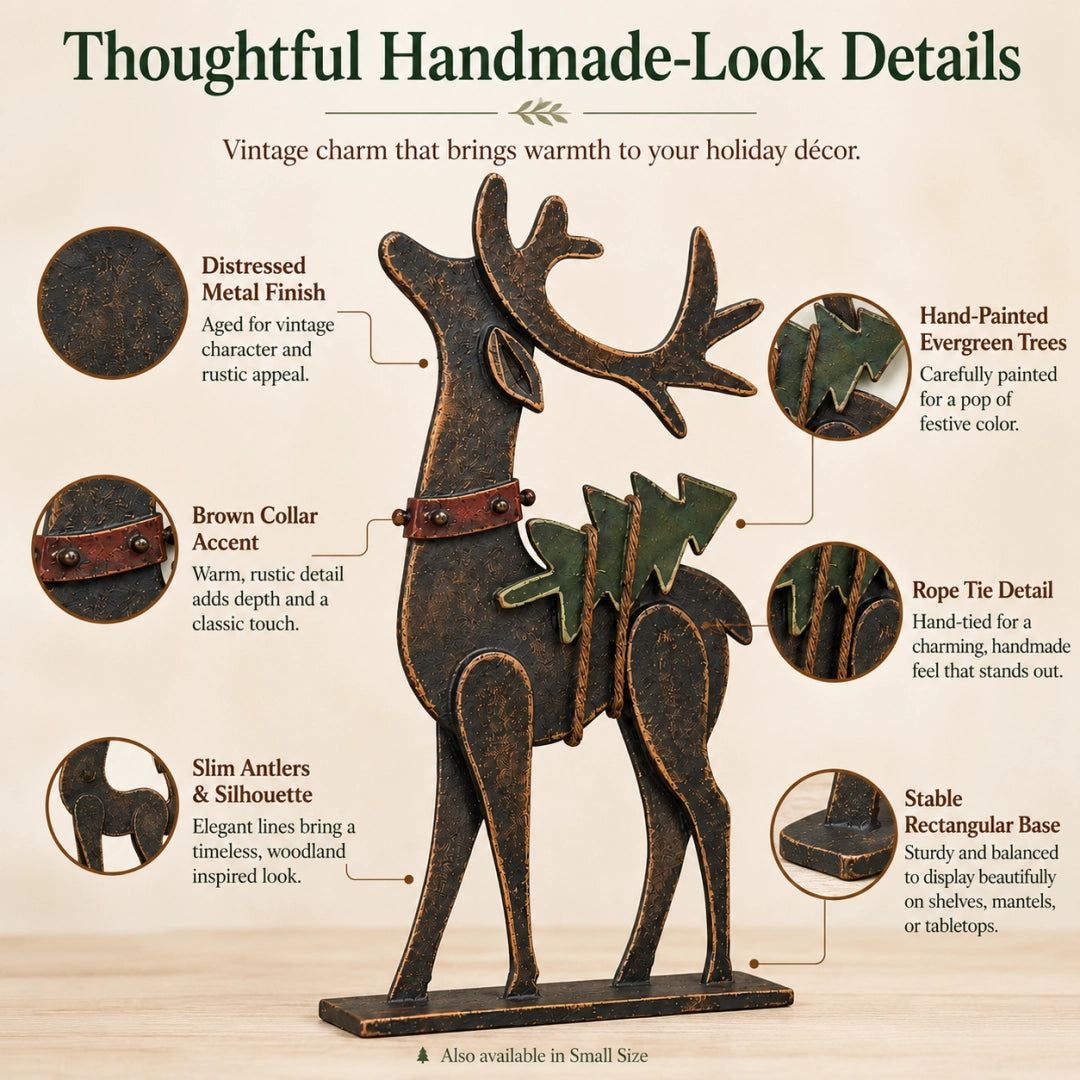Close view of the reindeer's distressed metal finish and painted accents