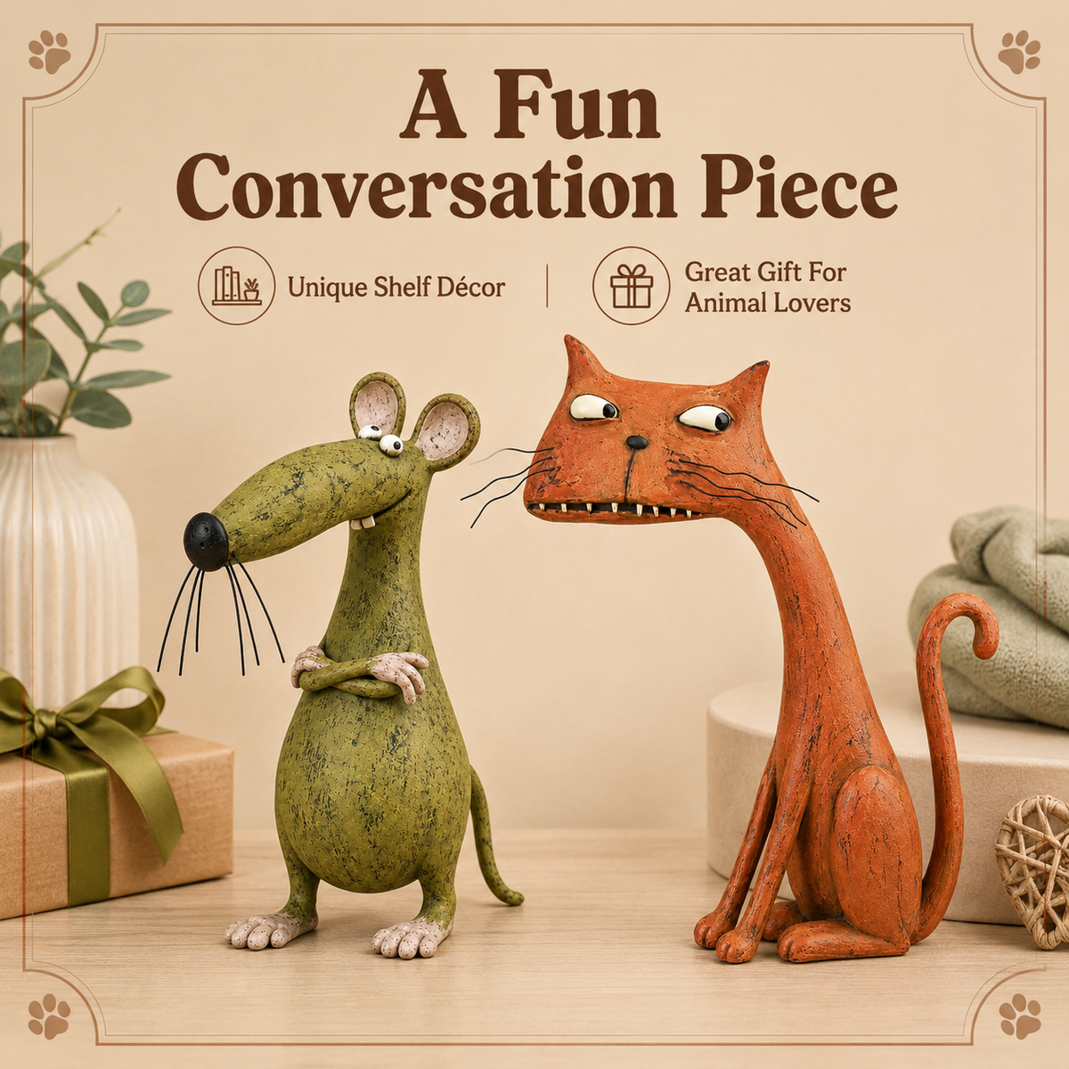 Whimsical Vintage Mouse & Cat Figurine