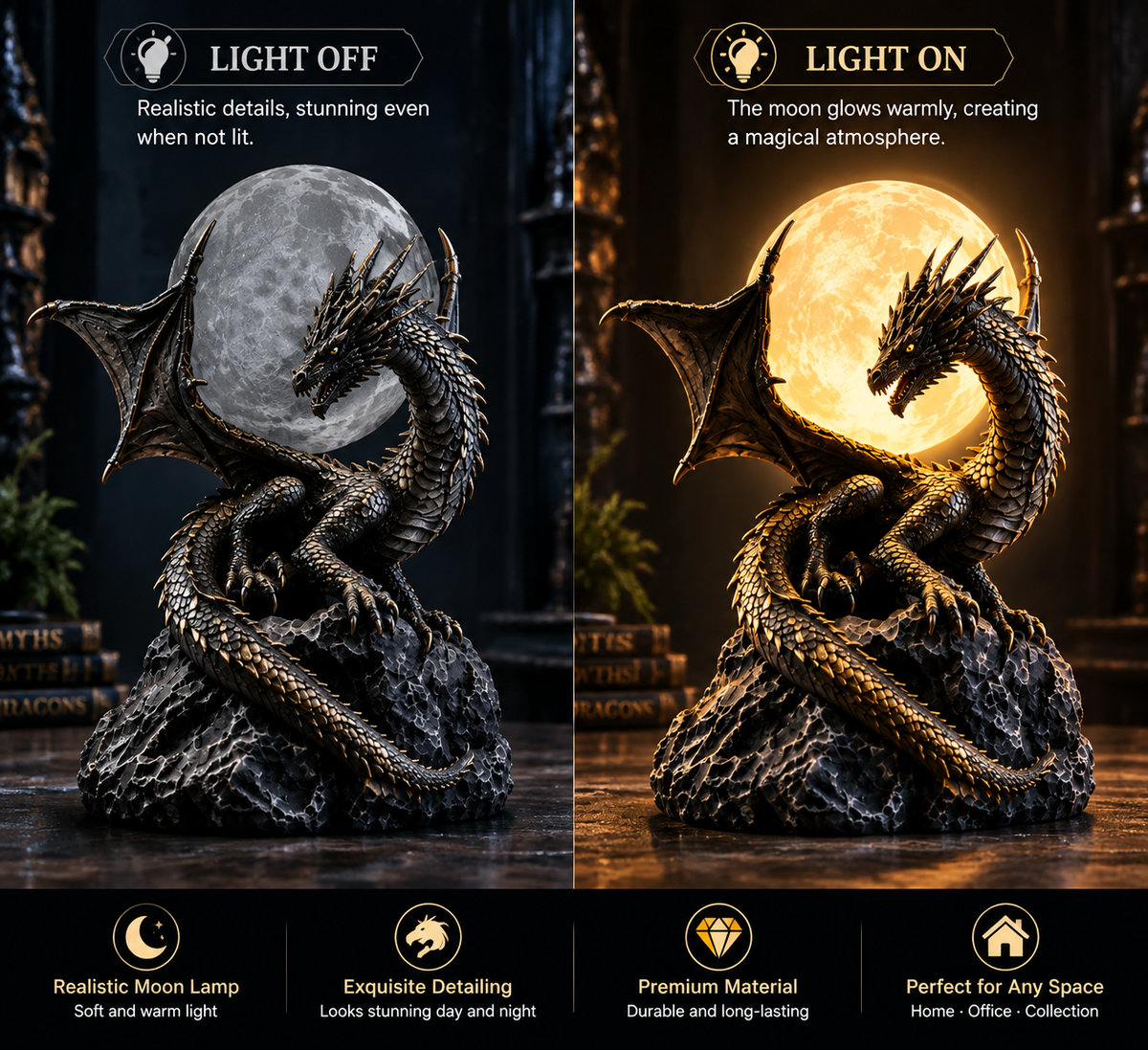 🐉 Gothic Dragon Moon Globe Statue Lamp