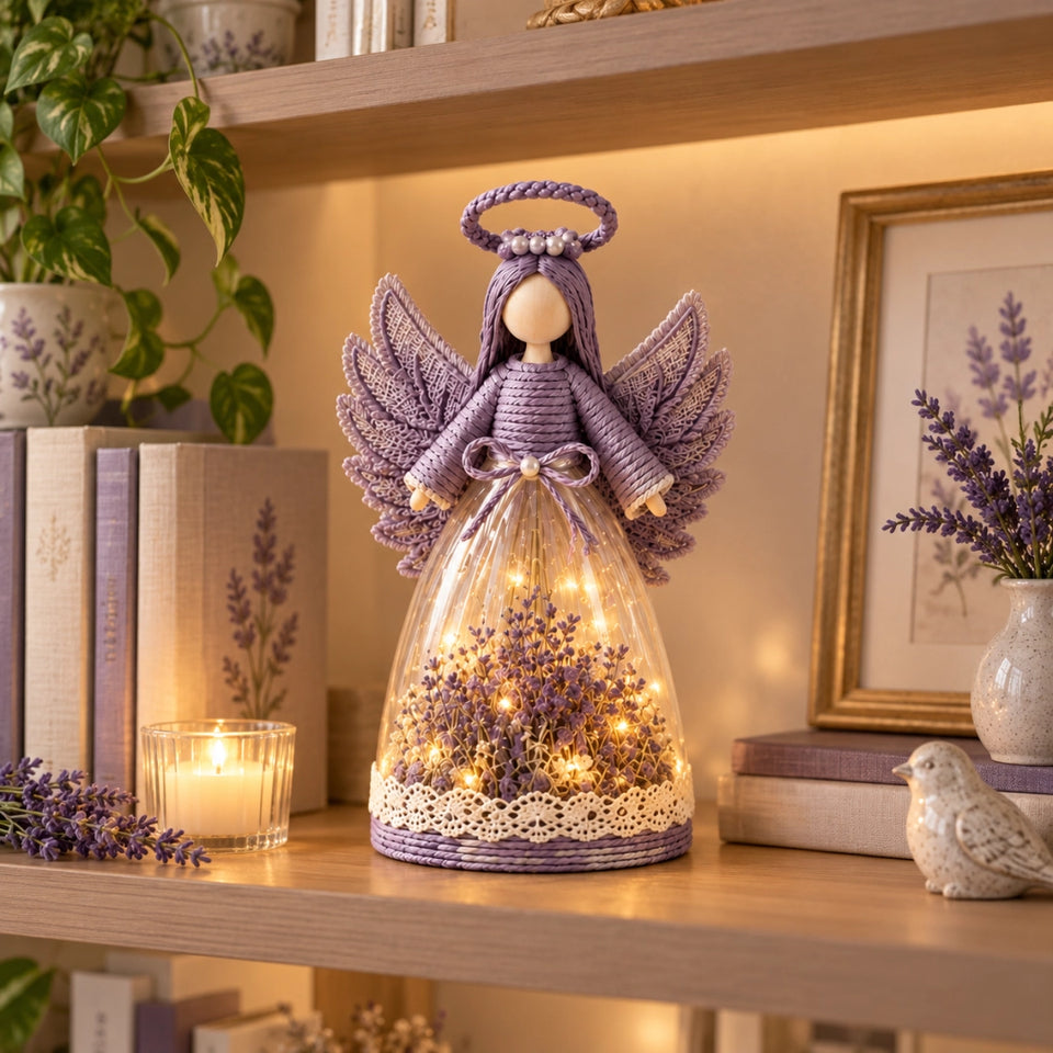 Lavender floral angel figurine glowing on a table