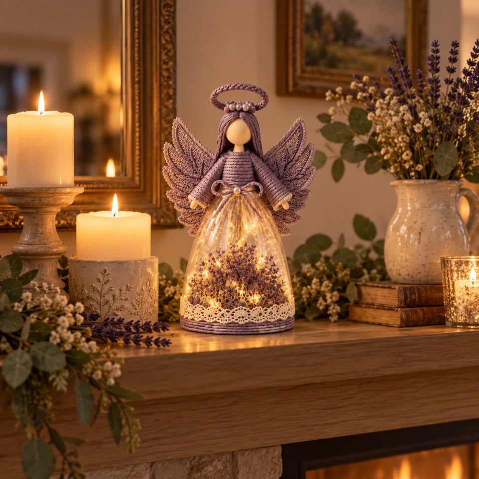 Lavender floral angel on a bedroom nightstand