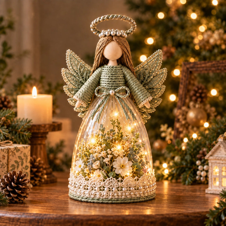 Lighted floral angel displayed on a home bookshelf
