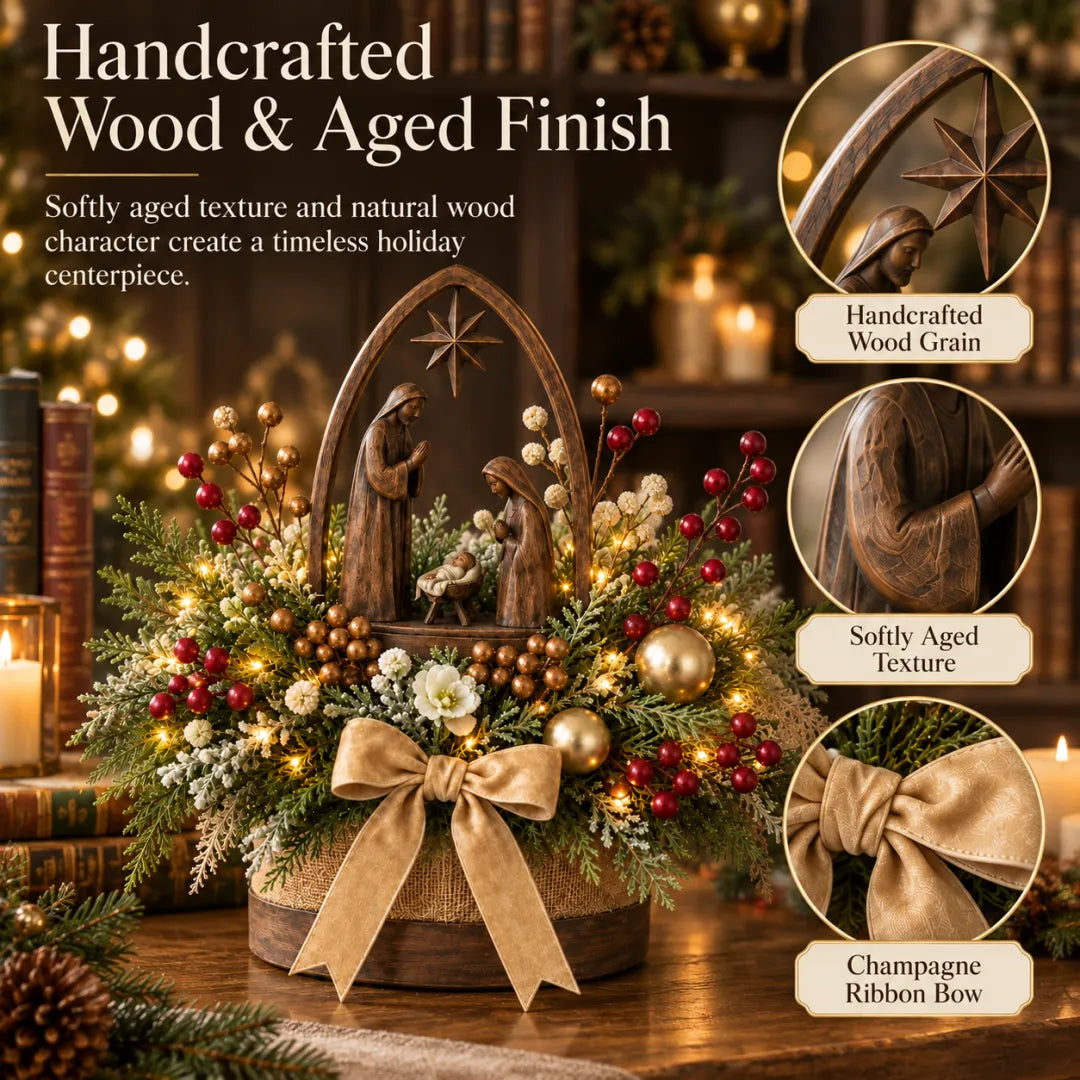 Details of the textured Nativity arch and champagne ribbon bow