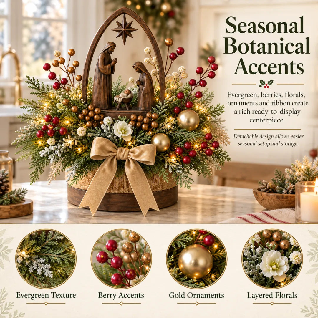 Evergreen foliage, red berries, gold ornaments and floral accents
