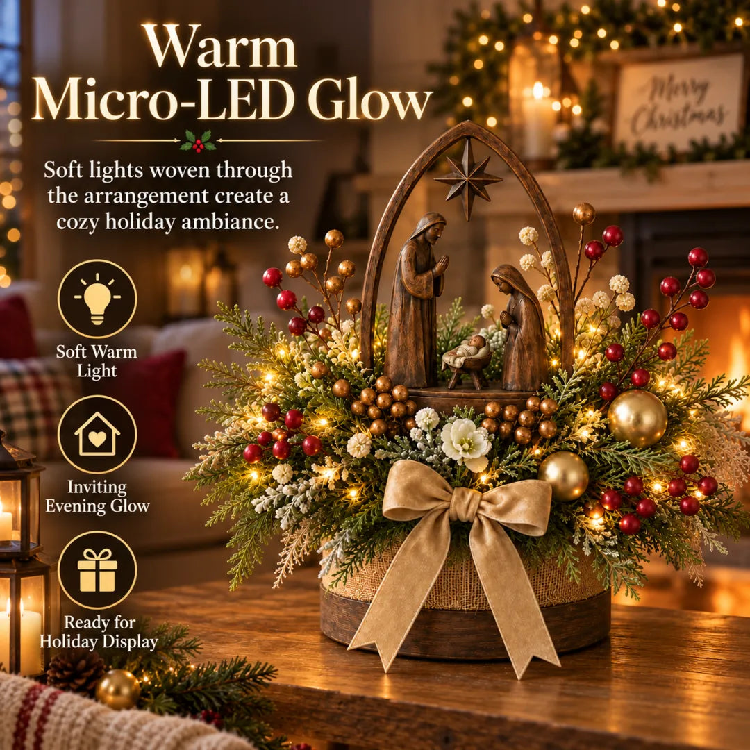 Warm micro LED lights woven through the Christmas Nativity arrangement