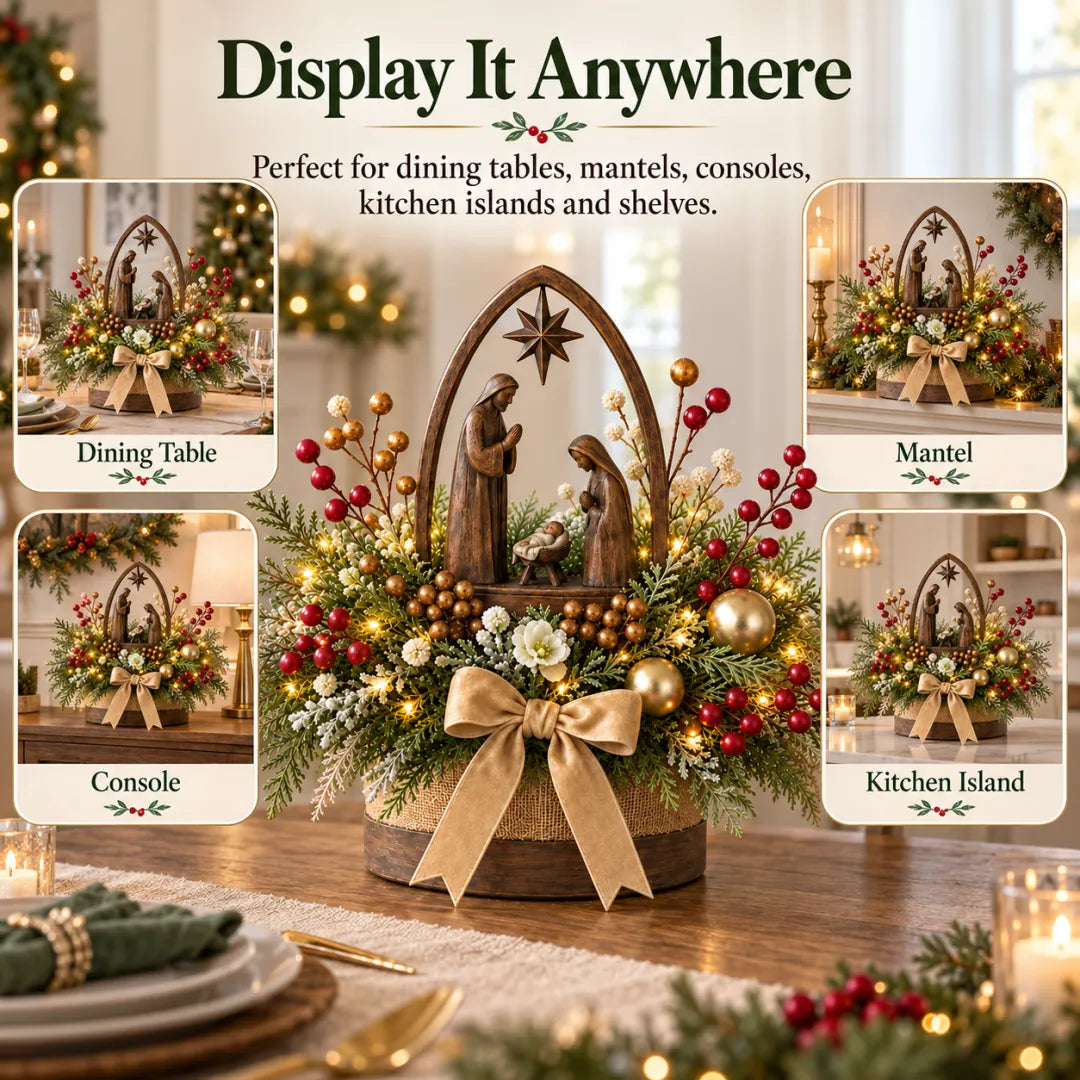 Nativity centerpiece styling ideas for a dining table, mantel, console and kitchen island