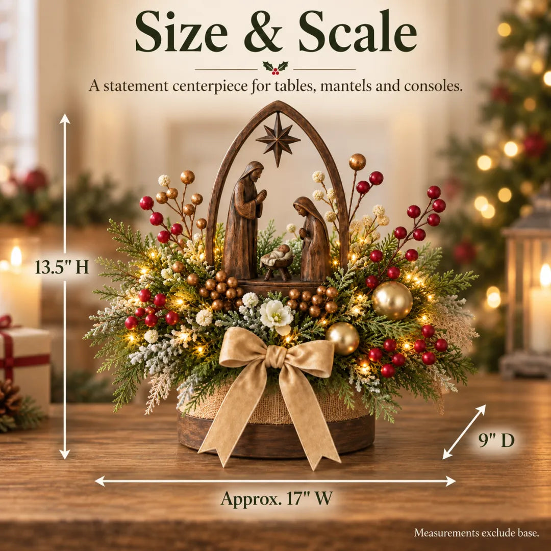 Nativity centerpiece size guide showing approximately 17 inches wide, 13.5 inches high and 9 inches deep