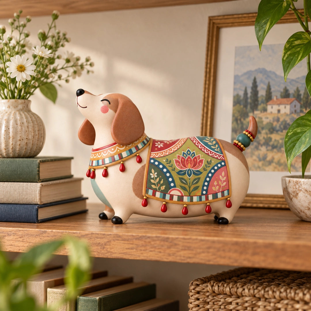 Whimsical Folk Art Dachshund Figurine on a warm bookshelf